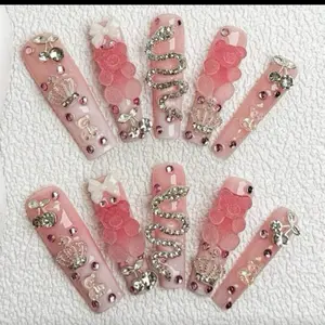 10 Pieces Long Gummy Bear Handmade Press On Nails with 3D Design and Unique Styles for Creative Nail Art