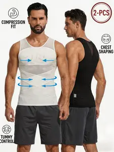 2PCS Men's Compression Shirt & Tummy Control Vest - Breathable Mesh Tank Top, Body Shaping Tank | Semicompression Style | Breathable Mesh Vest