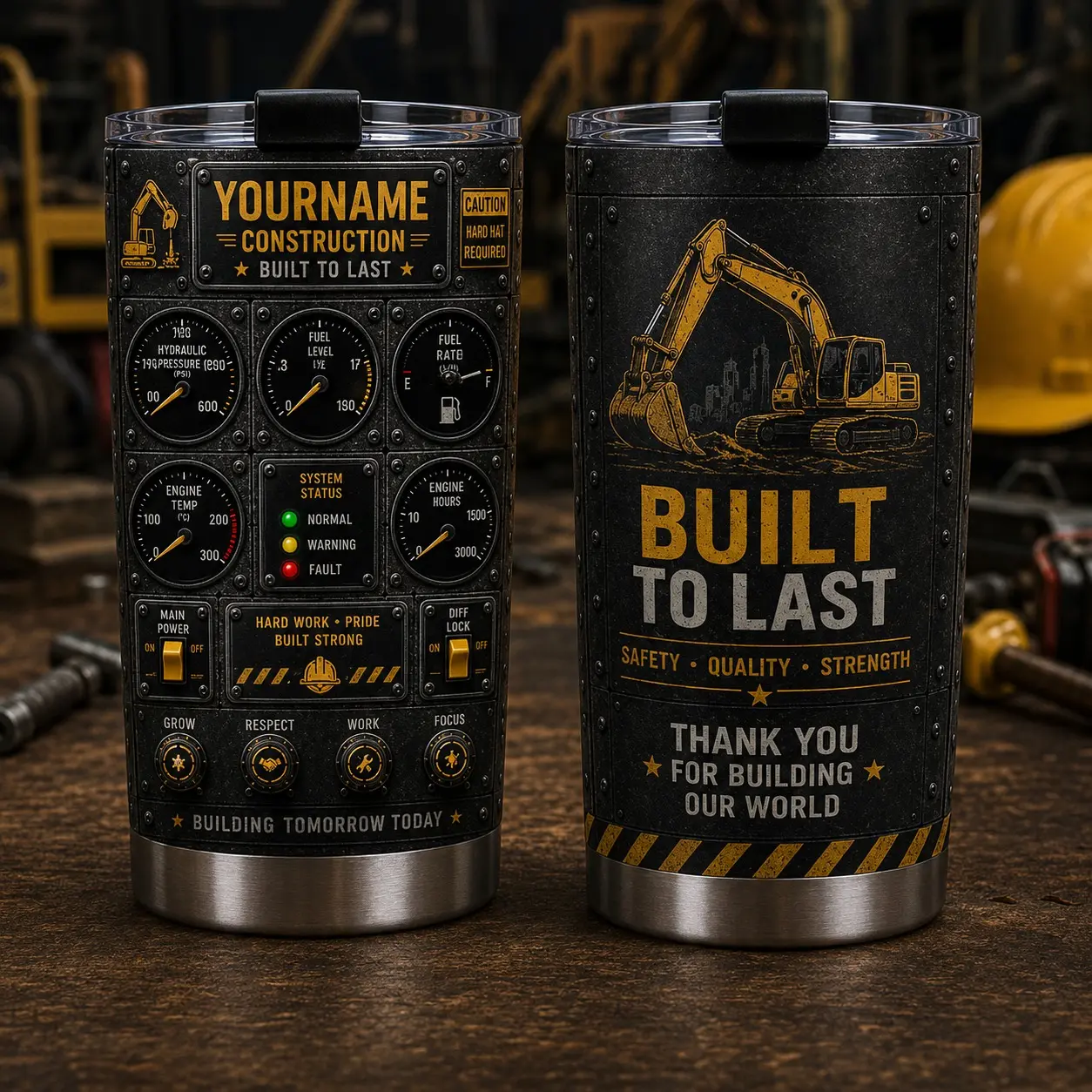 Personalized Construction Worker Tumbler, Built to Last Heavy Equipment Design, Custom Name Gift for Contractor Builder Crew