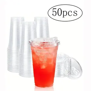 Transparent Plastic Cups with Lids, to Go Crystal Clear Disposable Cups, 16oz Cold Drinks, Ice Coffee, Smoothie, Soda, Lemonade, Individual Cups