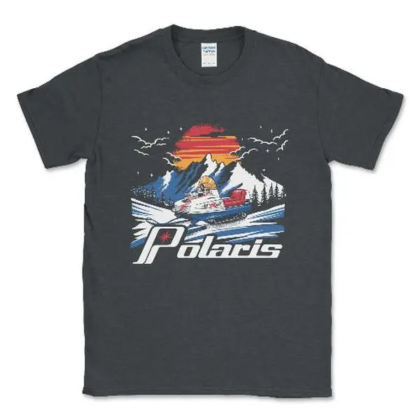 Men's Polaris Snowmobile Graphic T-Shirt - Cotton Polyester, Short-Sleeve, Round Neck, Casual Vintage Classic Top with Badge