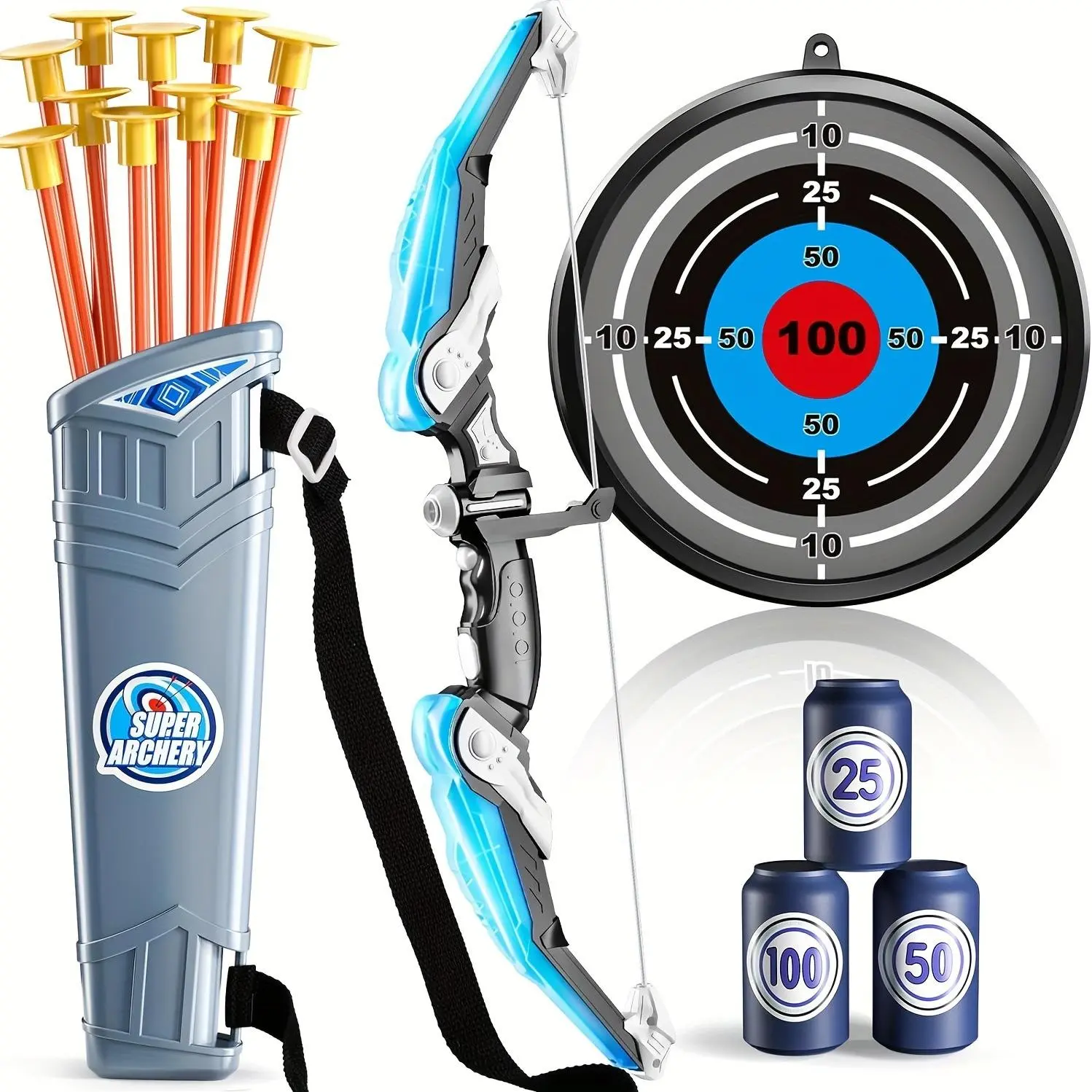 Kids' LED Light Arrow Archery Set - Toy Kit with Suction Cup Arrows, Glow Target, Dart Board for Archery Fun - Indoor/Outdoor Birthday Gift