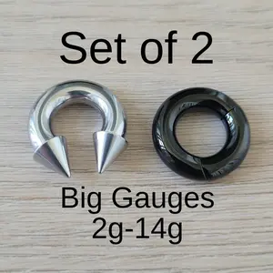 Set 2 Silver Black Septum Rings Horseshoe Spike Cone Hinged Clicker Ring Surgical Steel 2g 4g 6g 8g 10g 12g 14g big gauge