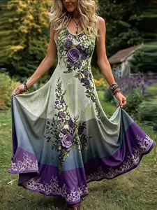 Women's Summer Garden Party Vintage Sleeveless Spaghetti Strap Flowy Long Dress, Gradient Rose Print Floral Maxi Dress, Elegant Boho Bohemian Style, Floral Prints Dress