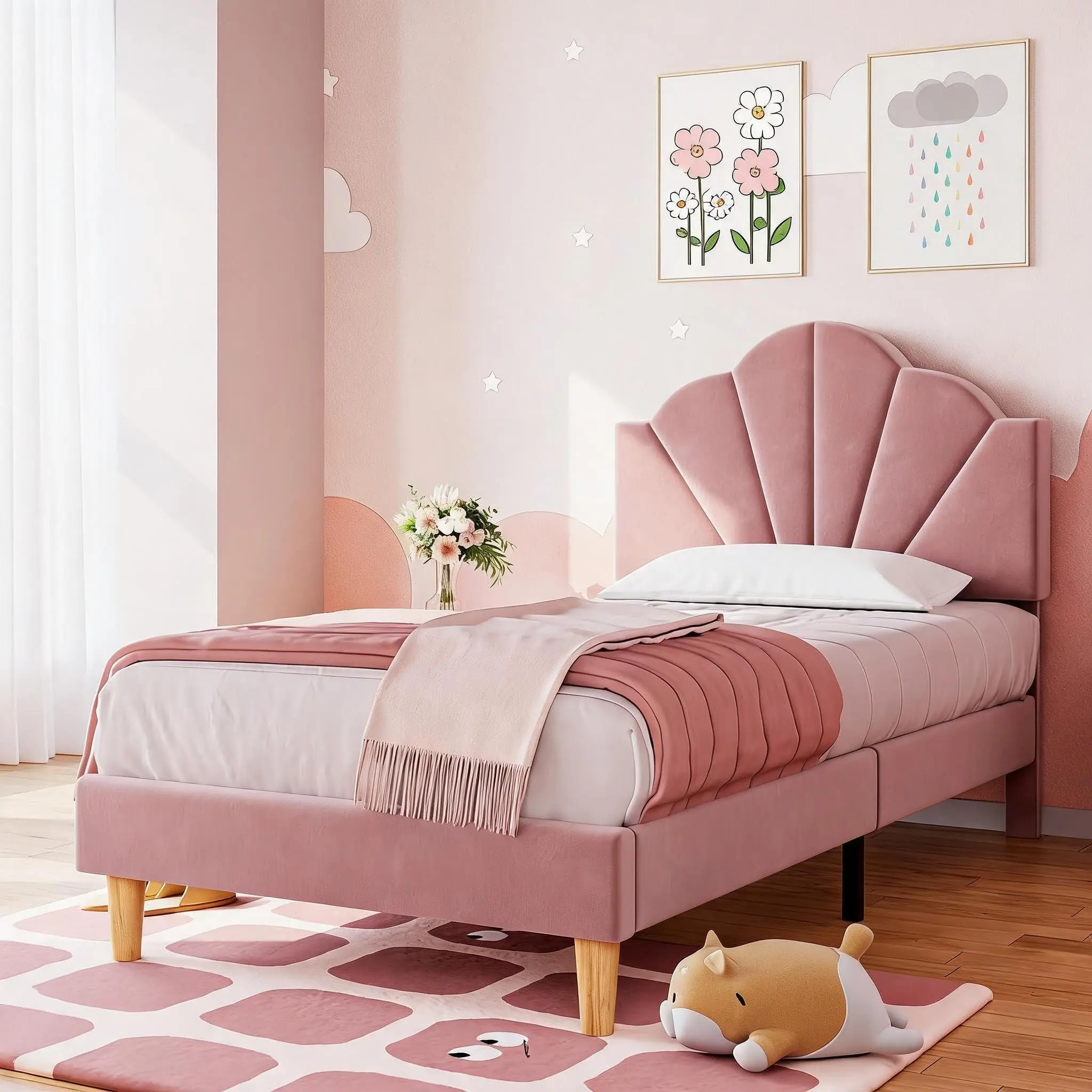 Twin Size Velvet Upholstered Shell Headboard Adjustable Platform Bed Frame - Strong Wood Slats Support, No Box Spring Needed, Noise-Free, Ideal for Girl Rooms & Apartments (Indoor Furniture Set)