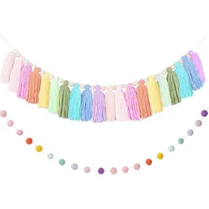 2 PCS Rainbow Boho Tassel Garland, 6.5 Feet Pom Pom Tassel 20 Felt Balls, Colorful Wall Hanging Banner Pastel Fabric Decor for Classroom,Party,Nursery,Wedding,Birthday Party & Home Decoration