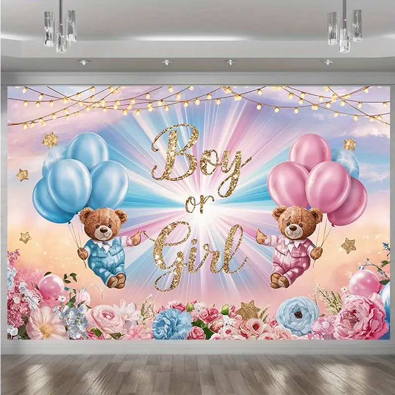 1PC Lightweight Hang Polyester Fabric Teddy & Balloons Floral Theme Tapestry - Home Decor Photo Backdrop for Gender Reveal Boy/Girl Announcement, Birthday Party Photography