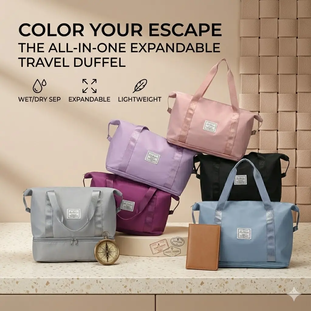 Women's Travel Duffle Bag - Water-Repellent Coat, Smart Layer Pockets, Shoe Compartment, Yoga Mat Slot, Trolley Sleeve, Expandable Weekender Gym Tote with 1L Bottle Holder, Expands for 3 Days, Portable Travel Bag, Multi-Functional, Expandable Duffle, Synt