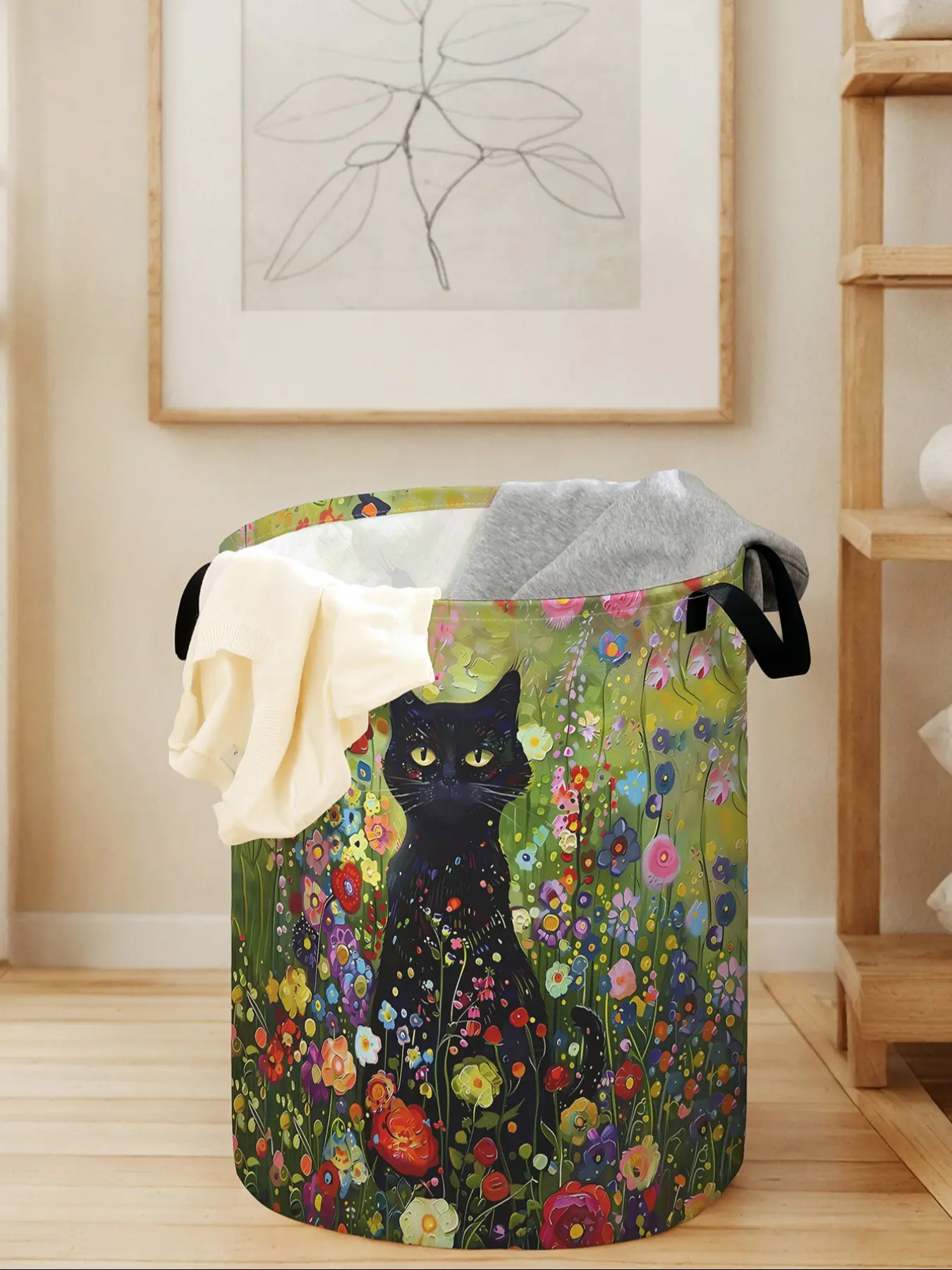 Floral Cat Print Folding Portable Laundry Basket with Handle, Durable Foldable Clothes Storage Bin, Large Capacity Toy Organizer for All Seasons, Collapsible Laundry Hamper, Clothes Baskets