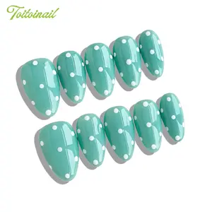 Mint Polka Dot Handmade Press-On Nails, Acrylic Fake Nails, Short Almond Shape, 10pcs, Mint Green Base + White 3D Dots, High Gloss Finish, Reusable DIY Nail Kit for Spring/Summer Festival, Trendy Sweet Aesthetic Look Nail Art Decoration