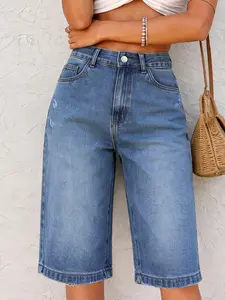 Fashion Women's Casual Capri Jeans, Mid Waist Loose-Fit Denim Jeans, Elastic Fabric, Spring Summer, Sexy Short Pants