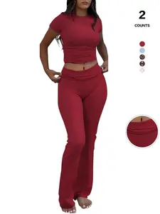 Casual Workout Two Piece Outfits for Women Short Sleeve Crop Sporty Round Neck High Waist Foldover Flare Pants Tracksuit Sets Streetwear