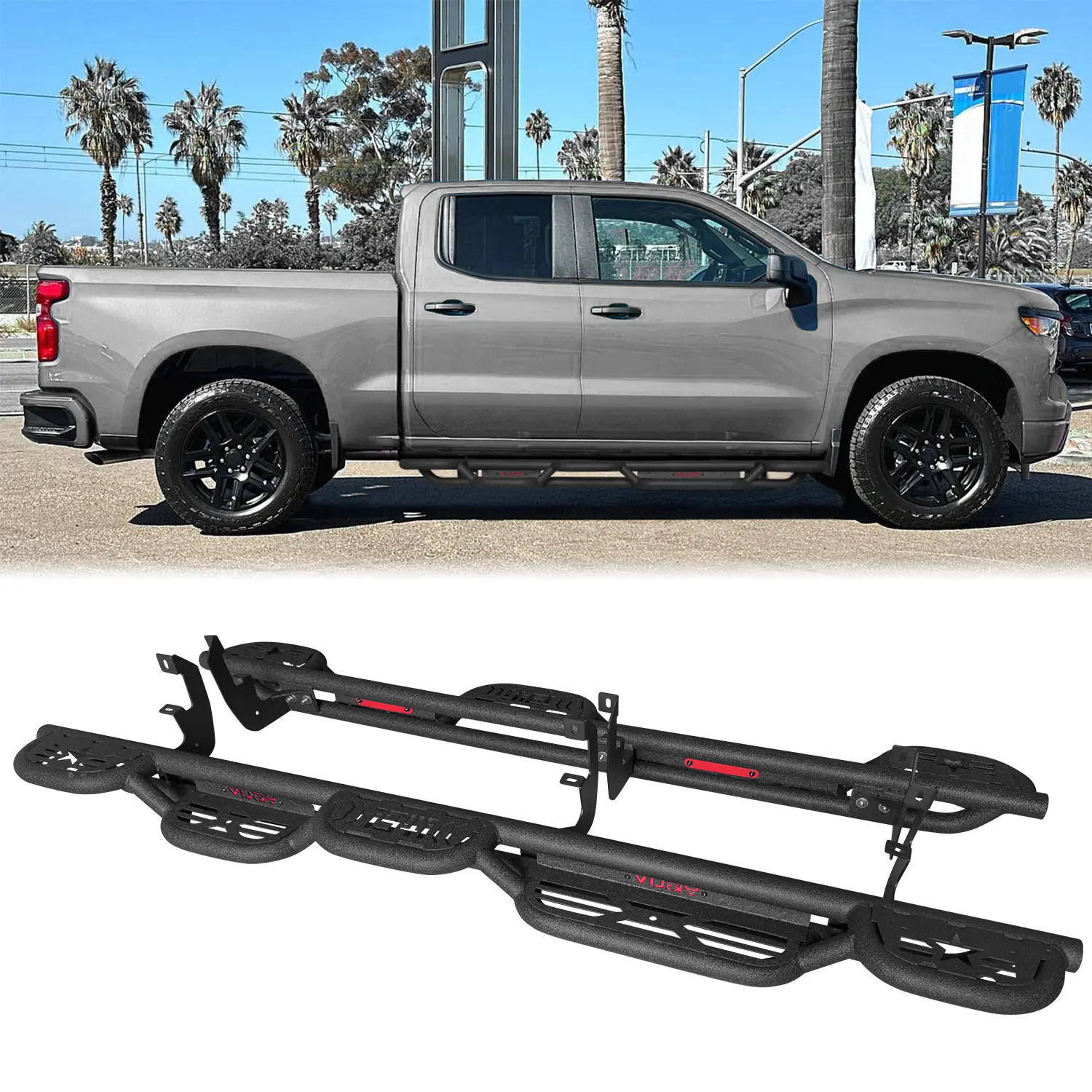Vijay Carbon Steel Running Boards Side Steps, Drill-Free Install for 2019-2025 Chevy Silverado/GMC Sierra 1500, 2020-2025 2500HD/3500HD Double Cab Off-Road Trucks