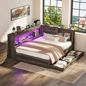 [Summervibes] [Memorialday] ALBOTT Twin Corner Bed Frame with Storage Drawers and Bookcase Headboard, Charging Station and Led Lights, Farmhouse Wood Daybed for Kids Teens, No Box Spring Needed