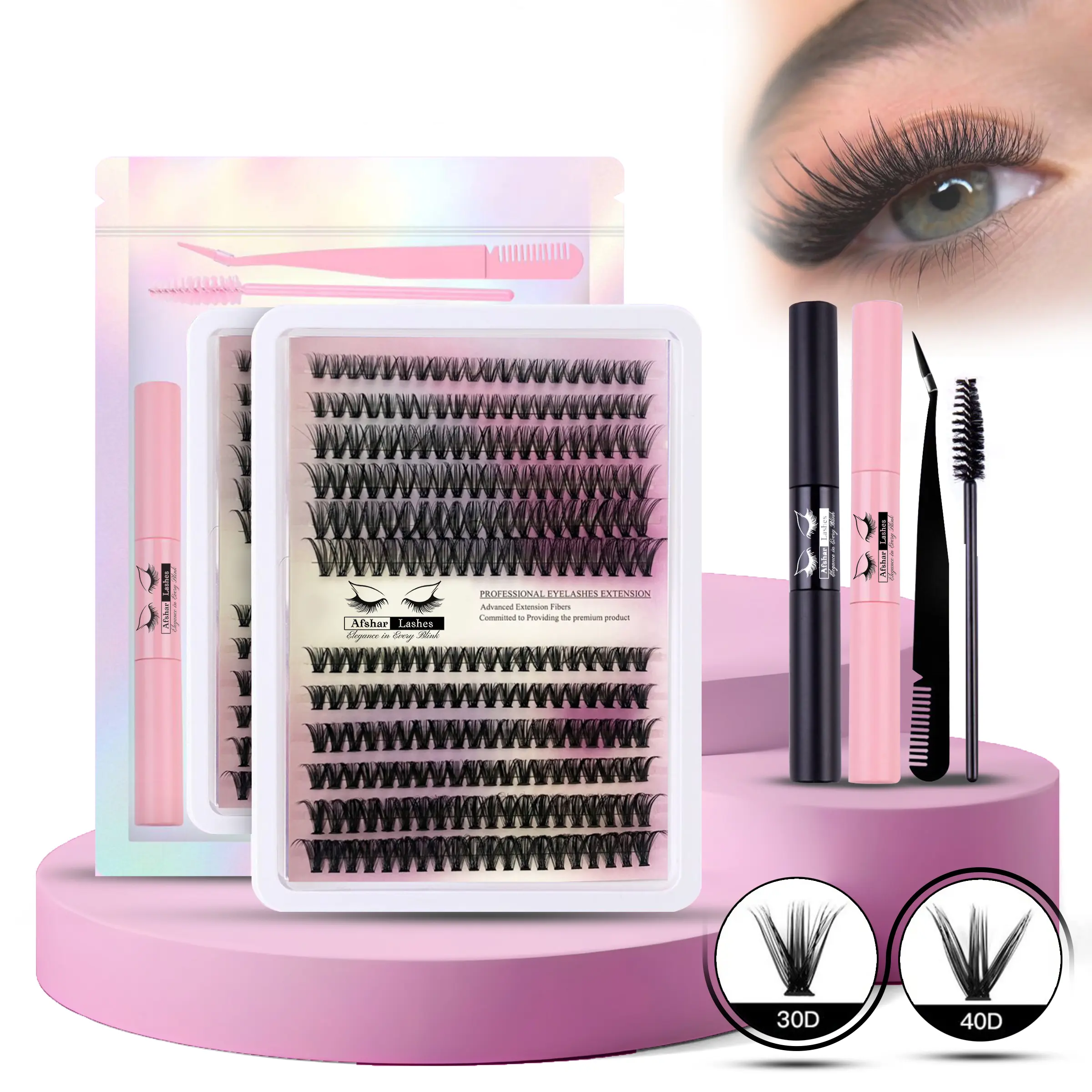 DIY Lash Extension Kit Volume Lash Clusters 30D+40D D Curvature Individual Lashes Lash Clusters Kit Thick Eyelash Extension Kit 240 pcs Thin Band Cluster Lashes Lash Bond and Seal Tweezers