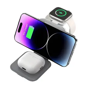 Compact 3-in-1 Magnetic Wireless Charger for iPhone 17/16/15/14/13/12/11/X/8 Series Apple Watch Ultra/Series 1-9 AirPods with MagSafe Cases Ultra Portable Foldable Design 15W Fast Charging Adapter