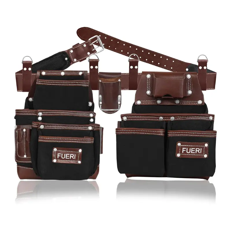 FUERI Nylon Leather Work Belt - Tool Storage Bag with 19 Pockets (Including Utility Pocket), Adjustable Foam Padding Belt, Heavy-Duty Pouches, 4 D-Loops, Hammer Holder for Carpenters & Carpentry Tools