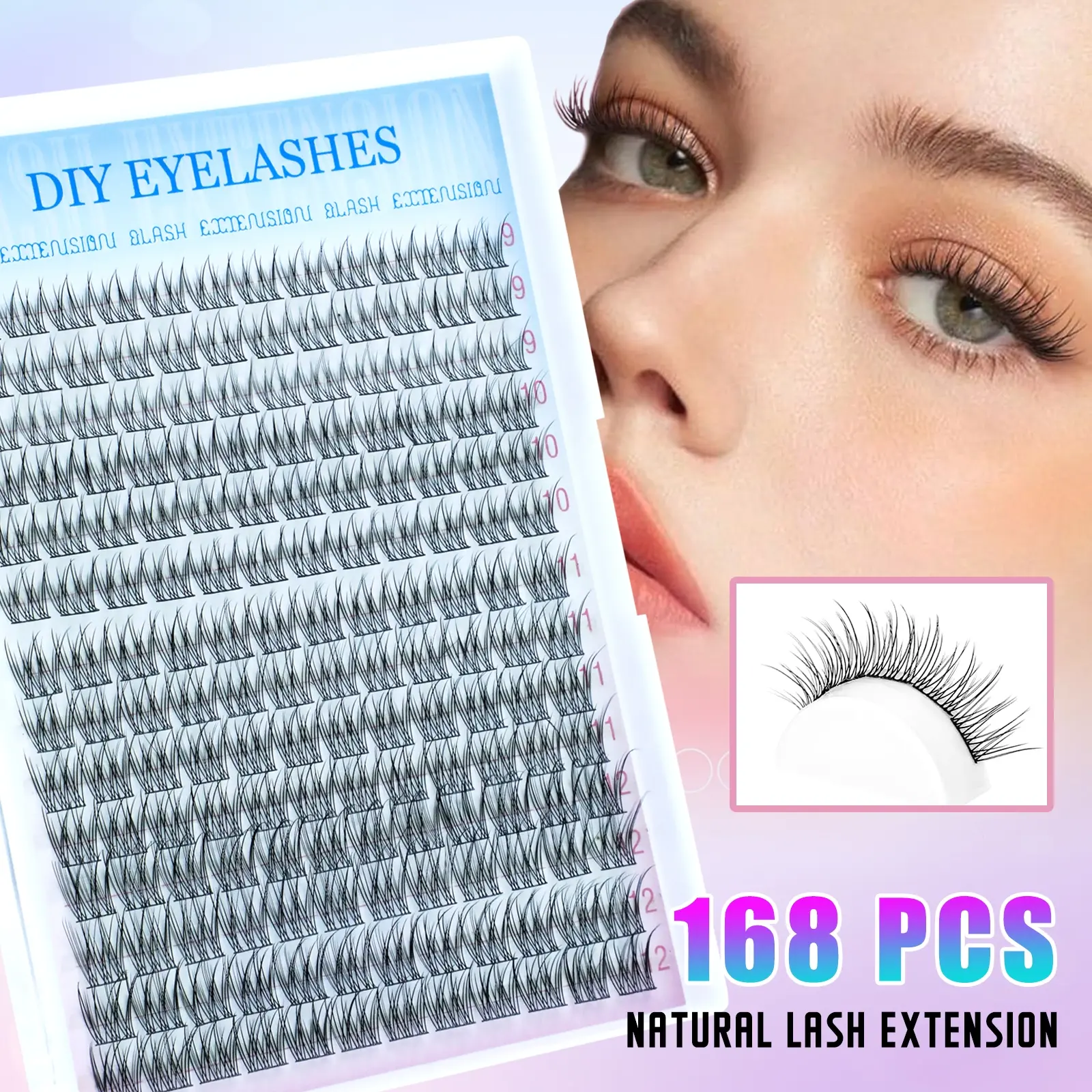 Plush Lash Cluster Extensions, Fluffy Cluster Lashes, 168pcs Mixed Individual Lashes, 9-12 mm C-Curl, Soft Thin Band, Natural Look DIY Eyelash Extension, Lash Clusters Kit, Individual False Eyelashes