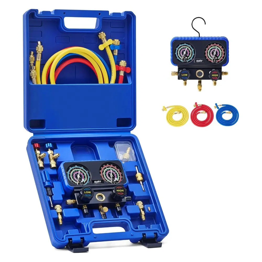 【SpotlightDay】Orion Motor Tech AC Gauge Set, 3-Way AC Manifold Gauge Set for R410A R32 R22 R454B Refrigerant with 5ft Hoses, A/C Gauge with R410 R12/R22 Safety Valves R410A R32/R454B Adapters Valve Core Wrench