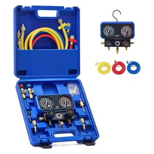 Orion Motor Tech AC Gauge Set, 3-Way AC Manifold Gauge Set for R410A R32 R22 R454B Refrigerant with 5ft Hoses, A/C Gauge with R410 R12/R22 Safety Valves R410A R32/R454B Adapters Valve Core Wrench
