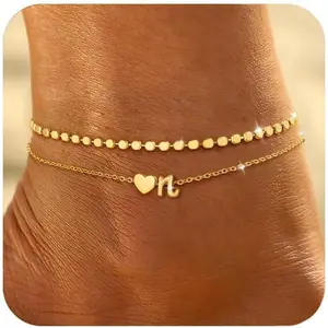 Initial Ankle Bracelets for Women Waterproof 14K Gold Plated Layered Anklets for Women Non Tarnish Dainty Heart Letter A-Z Ankle Bracelets Handmade Adjustable Summer Beach Gold Anklet Jewelry