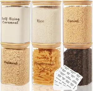 6 count Square Glass Pantry Storage Containers with  Airtight Lid and 248 Clear Pantry Labels Preprinted - 37oz Thicken Glass  Storage Jars for Coffee, Cookie, , Sugar,