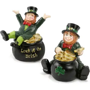 St Patricks Day Decorations Leprechaun Figurines, Set of 2 Resin Statue with Pot of Gold Tabletop Home Decor Lucky Irish Saint Patrick’s Day Tiered Tray Shelf Mantel Desk Decor Holiday Decorations