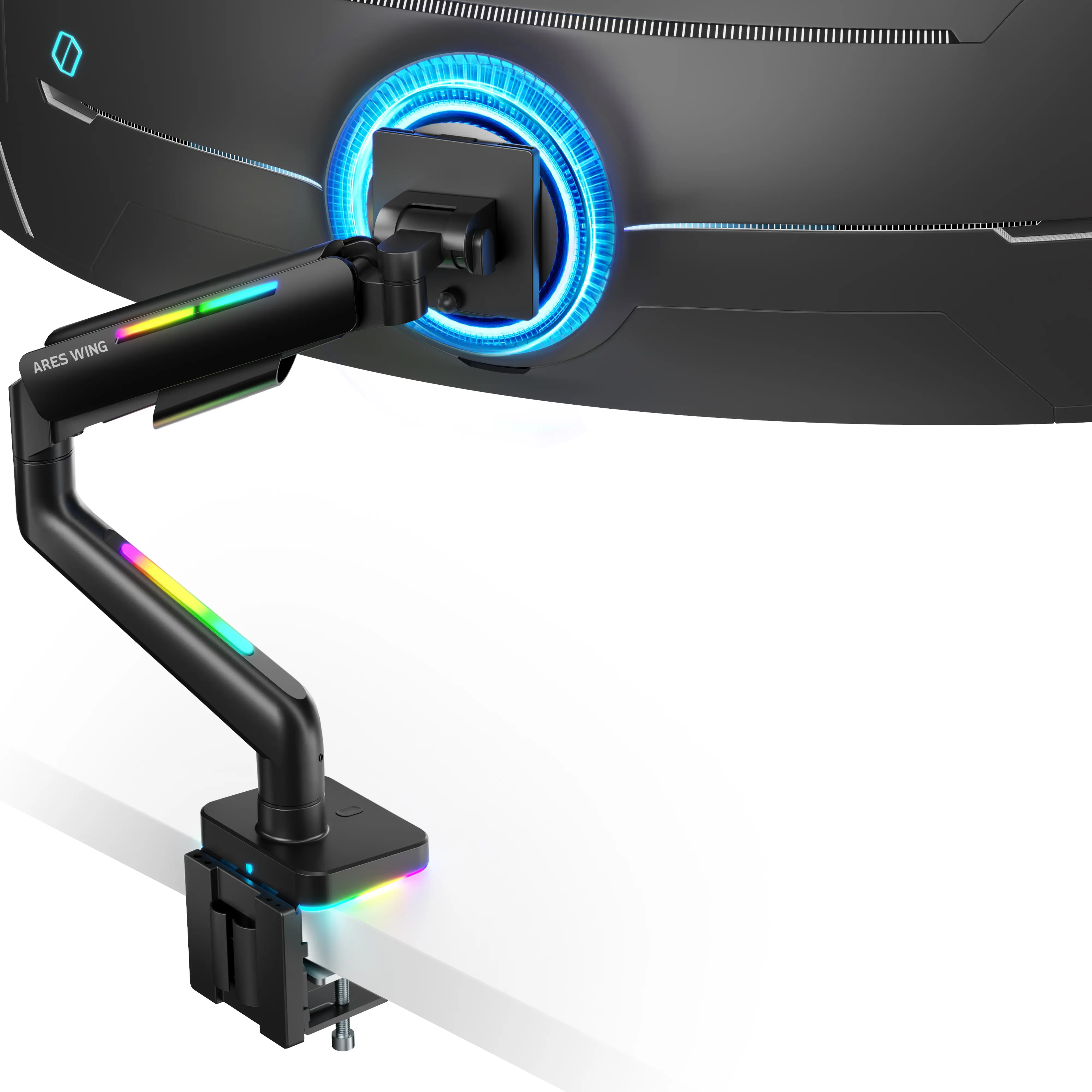 ARES WING Heavy-Duty Single/Dual Monitor Arm - Ergonomic RGB Computer Desk VESA Mount, 49'' 44Lbs Ultrawide Screen Support, 360° Rotation, 20,000+ Tested Gas Spring, Compatible with Samsung Odyssey G9 & LG Screens
