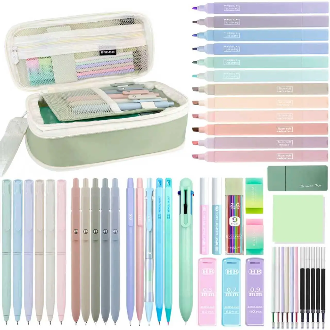 54X Aesthetic School Supplies with Green Pencil Case for Students | 12 Highlighters, 6 Multicolor Gel Pens, 5 Black Gel Pens, 1 Ballpoint Pen, 5 Mechanical Pencils Essentials for College tiktokshopbacktoschool