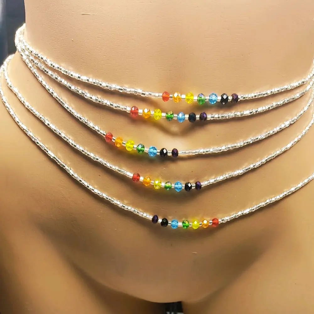Touch of Rainbow Silver Waistbeads Women's Adornment Body Jewelry Tie on for Daily Use Multicolor Beads