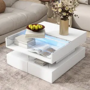 Lift-Top Coffee Table with 2 Storage Drawers, Modern Square Coffee Table with Glass Top and High-Gloss Finish, Hidden Space and LED Lights for Living Room