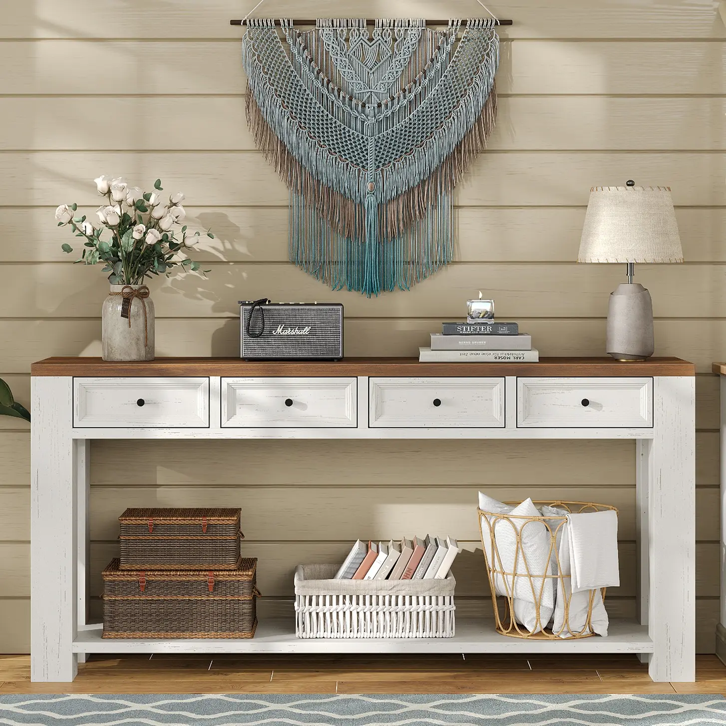 FUSOU 63'' Farmhouse Console Table, Entryway Table with 4 Drawers & Open Shelf, Sofa Table Behind Couch,  Farmhouse Sofa Table for Living Room,Deals For You Days