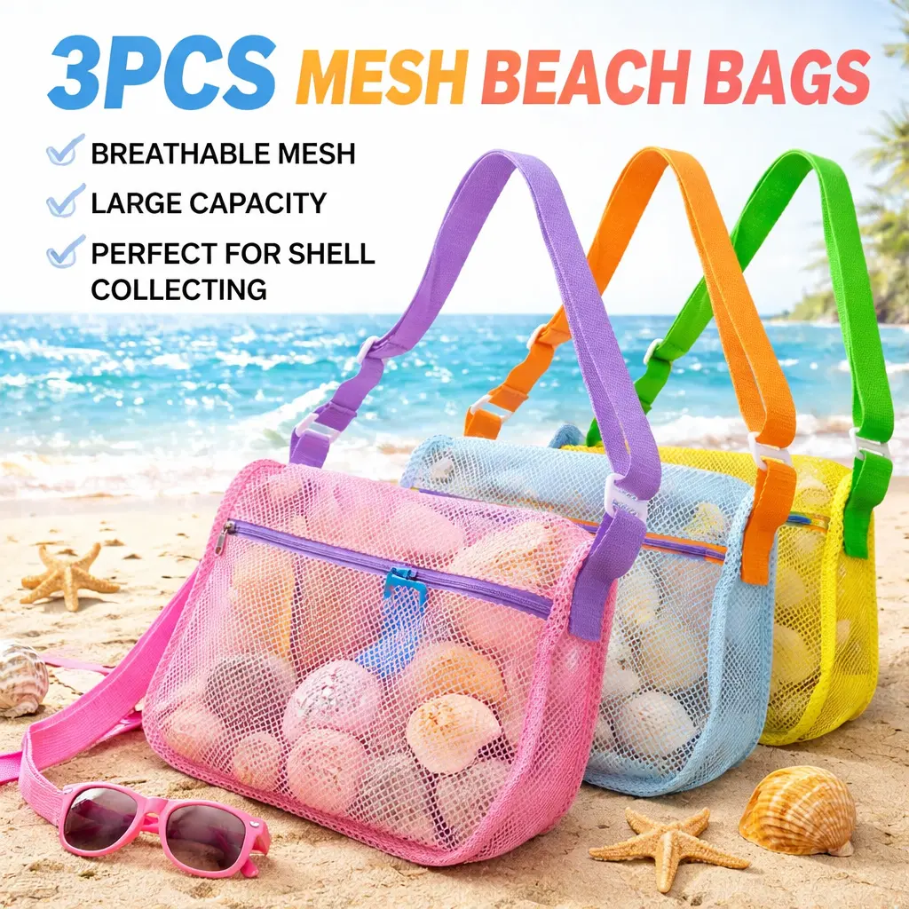 3pcs Breathable Mesh Shell Storage Bags - Lightweight Organizer with Adjustable Straps, Sand Drainage for Kids Beach Toy Organizer, Collecting Seashells, Family Trips