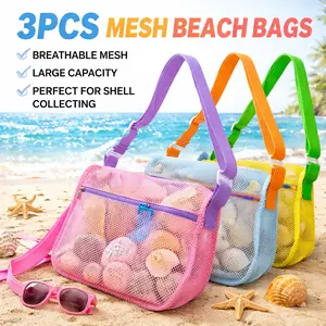 Mesh Shell Collecting Bags 3 Pack – Beach Toy Organizer, Sand Toy Storage Pouch with Adjustable Straps – Perfect for Summer Beach Days