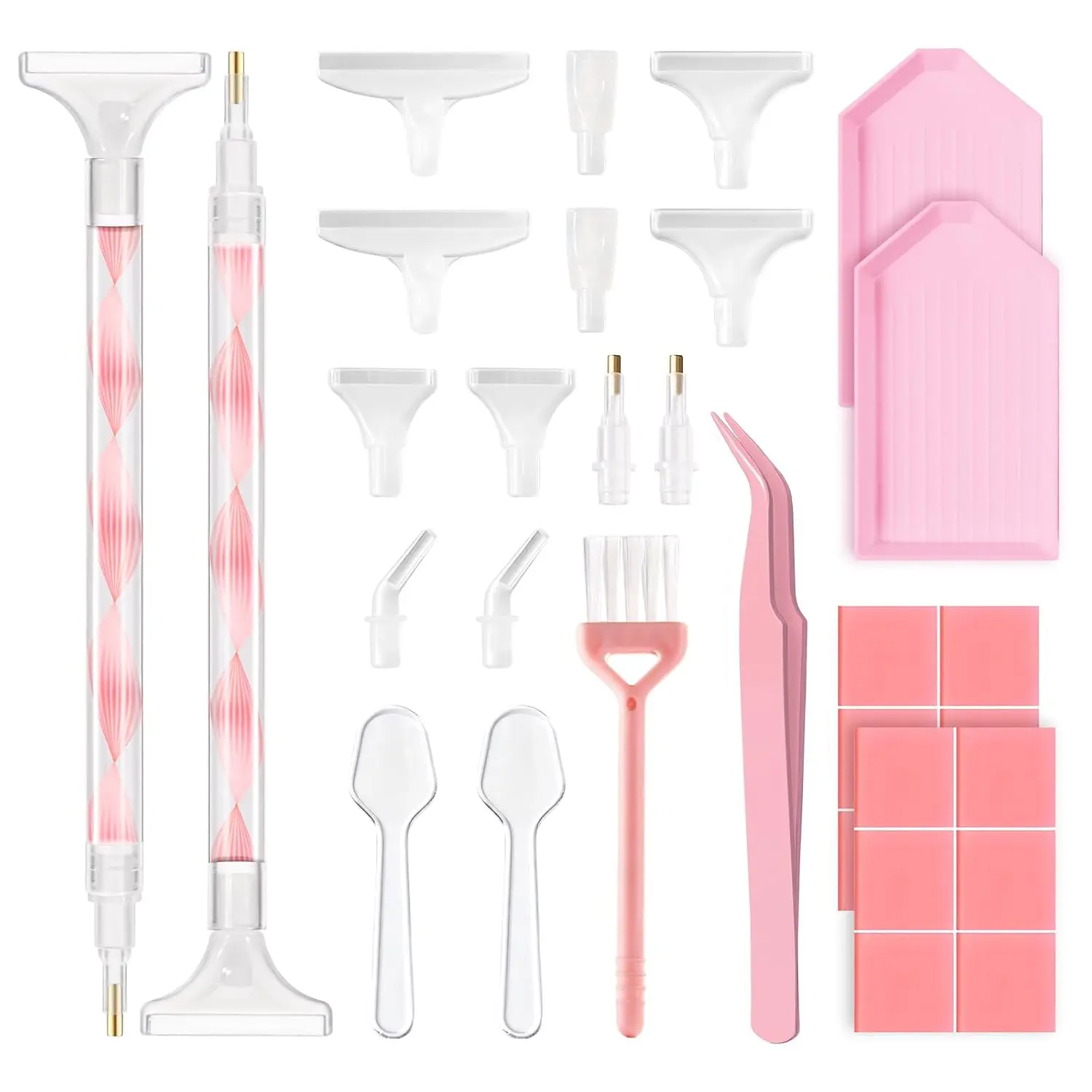 MelodySusie Rhinestone Picker Tool Kits, 2PCS Picker Handle, Dual-Ended Dotting Pen with 12 Plastic Replacement Tips, 12 Clay, 2 Plastic Spoons, 1 Brush, 2 Plates, Tweezer, Tools for Nail Art, Pink