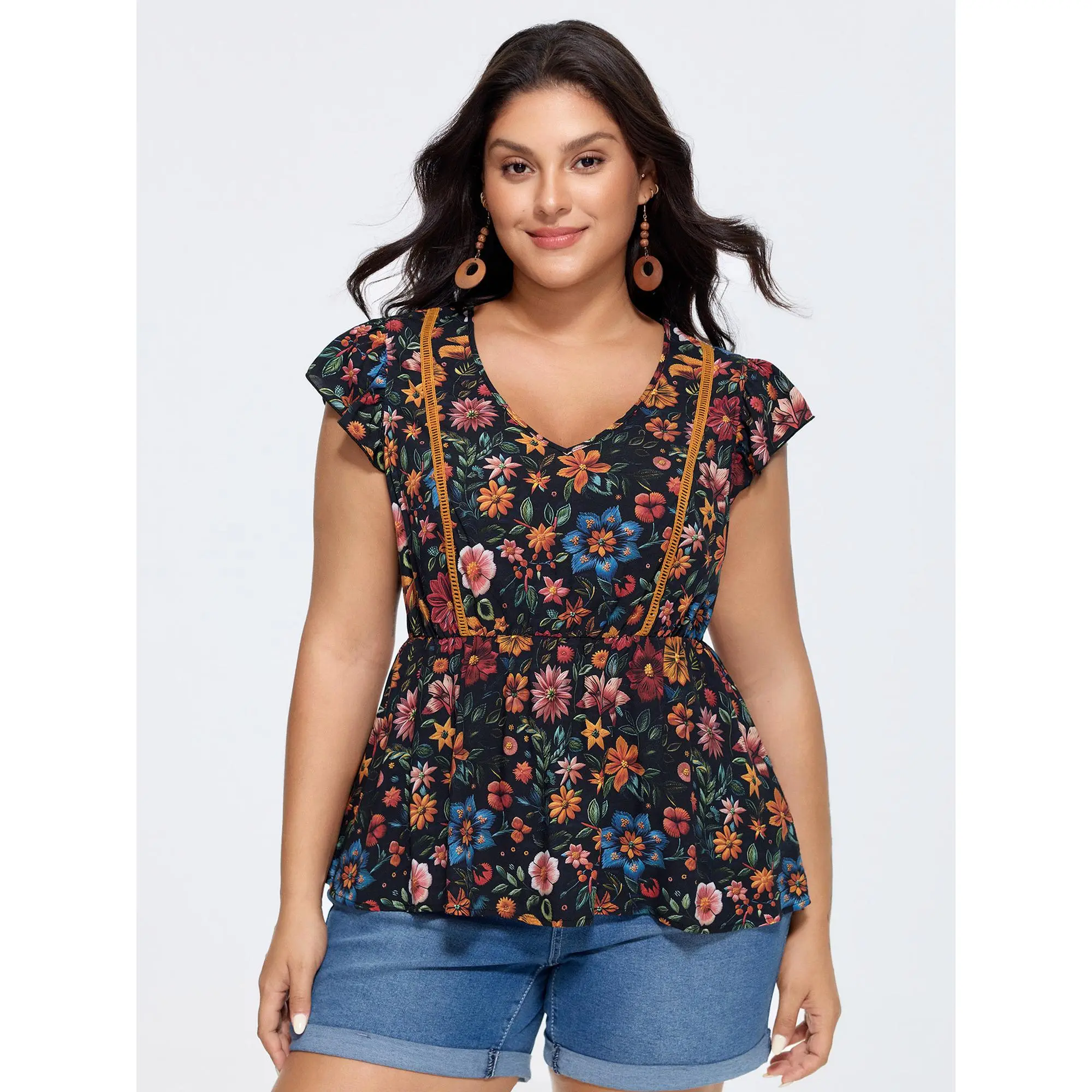 BloomChic Women's Plus Size Boho Floral Print V-Neck Blouse with Lace Trim Cap Sleeves, Regular Length 100% Rayon Top,back to school,back to school shopping