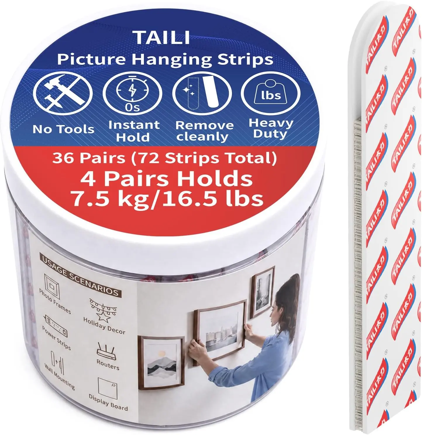 TAILI Picture Hanging Strips Heavy Duty, Large 36 Pairs (72 Strips) Hold Up to 16.5 lb Frame Hanger for Walls, Pictures Haing Kit Without Nail, Damage Free Adhesive Poster for Decor, Art, Mirror