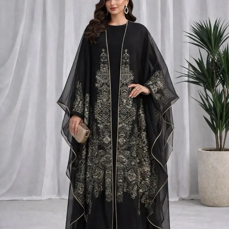 Women's Islamic 2-Piece Striped Casual Summer Bisht Jilbab Set - Modest Muslim Outfits, Hijabi Fashion, Abaya Fashion, Conservative Abayas, Matching Dress, Size-Selectable, Muslim Clothing