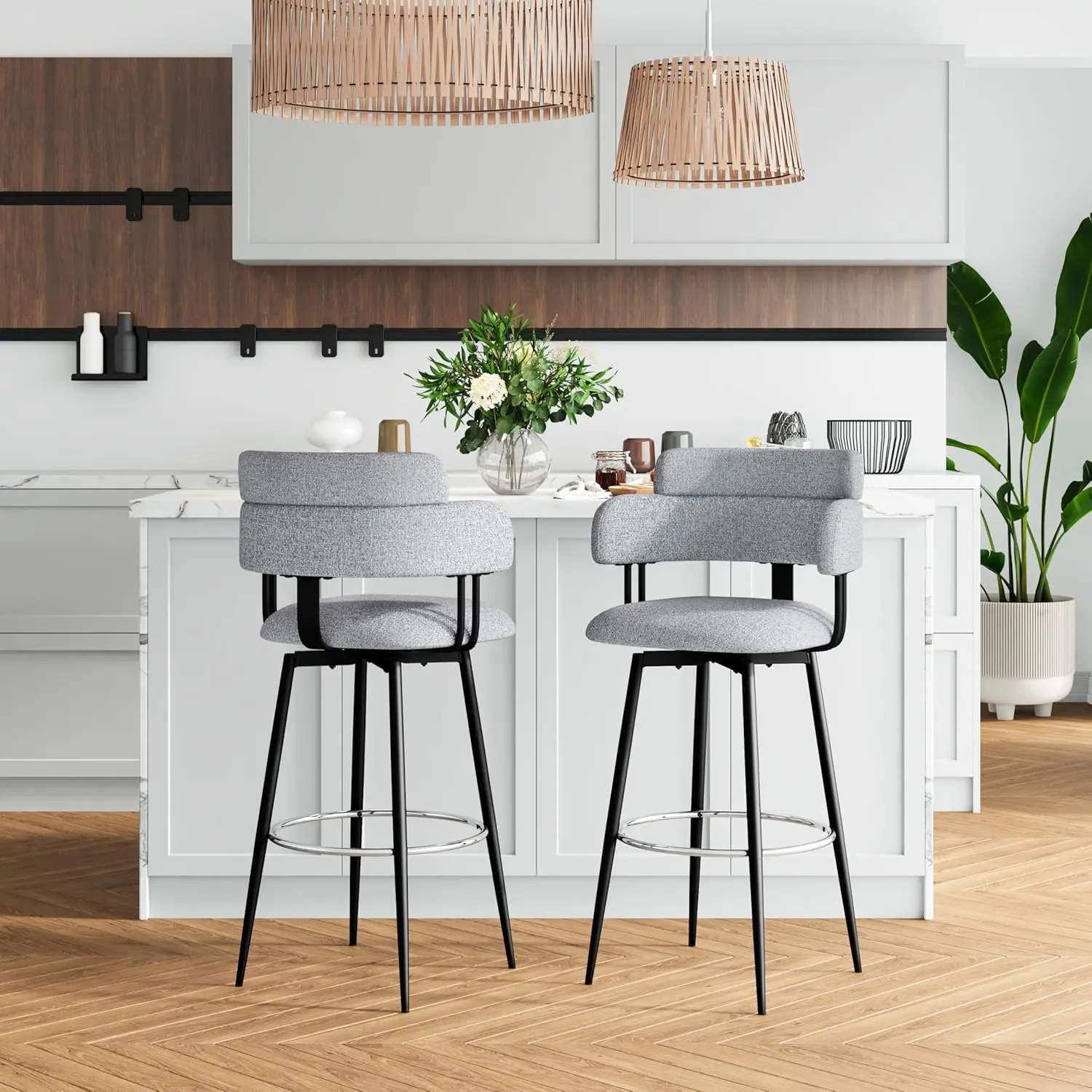 Swivel Bar Stools Set of 2 30" Bar Height Ergonomic Backrest Linen Fabric Upholstered Chrome Plated Metal Feet for Kitchen Island Dining Room