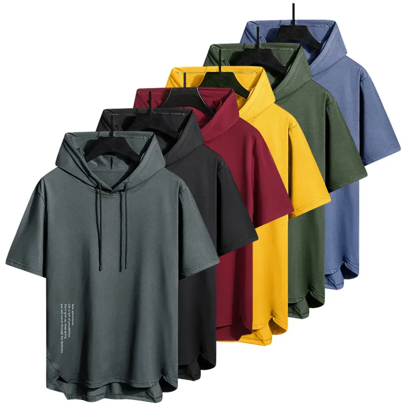 Men's Short Sleeve Hooded T-Shirt - Casual Hoodie Tee  Text Print, Irregular Hem & Drawstring