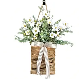 18-Inch Artificial Daisy Door Basket, Fake Daisy Wicker Hanging Decor, Striped Bow, Farmhouse Style Front Door Garland, Artificial Flower Arrangements, Spring Summer