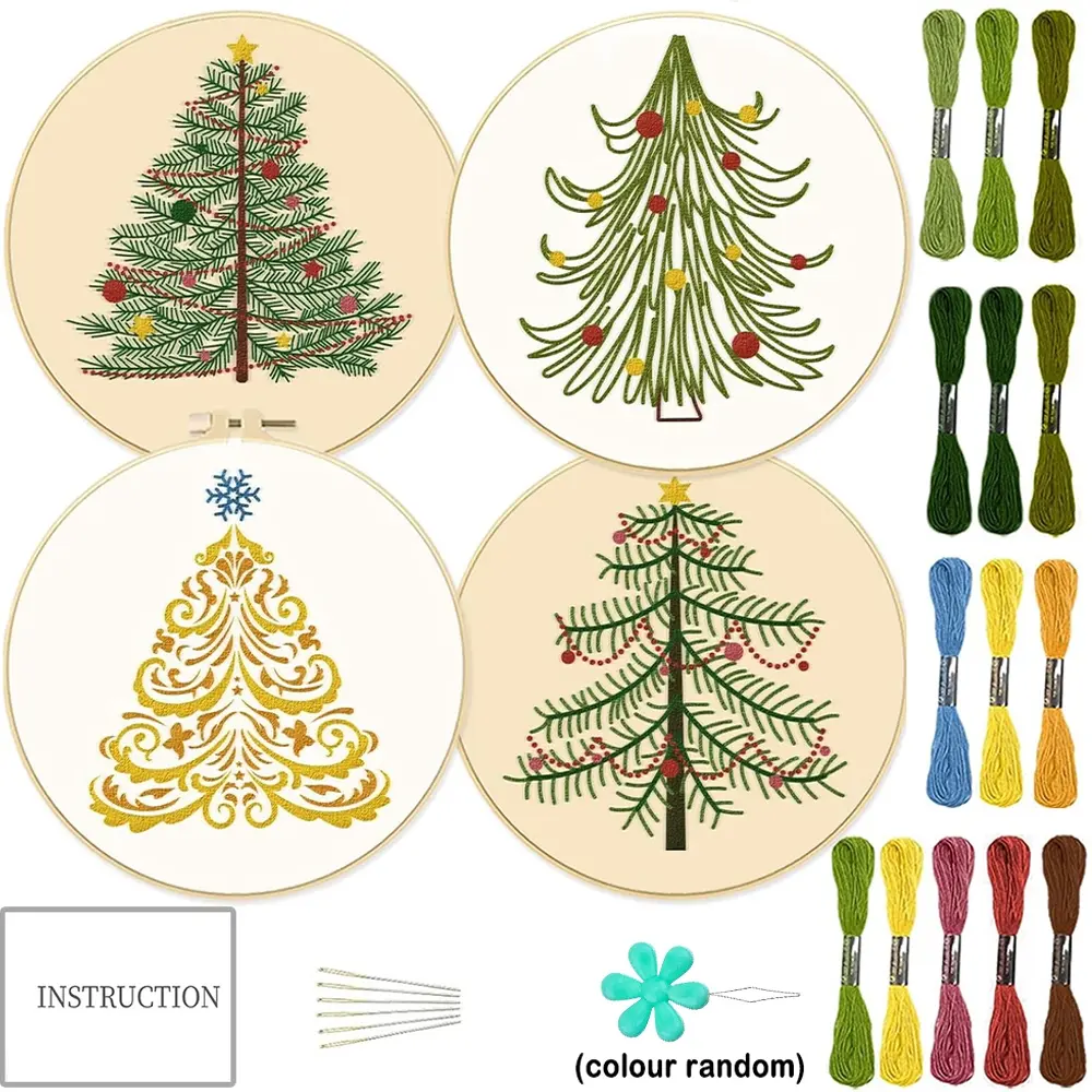 4-counts Christmas Embroidery DIY Kit, Embroidery Design Kit, Embroidery Design Set, Fabric Decor Painting with Christmas Tree Patterns, Includes 1 Embroidery Hoop, Suitable for Adult Beginners and Hand Sewing Enthusiasts, Christmas Decorations