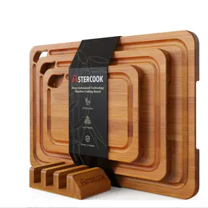 Astercook 4-Pieces Wood Cutting Board, Bamboo Chopping Board for Kitchen with Holder, Cutting Boards Set with Juice Groove and Handles, Charcuterie Board for Chopping Meat, Vegetables and Fruits