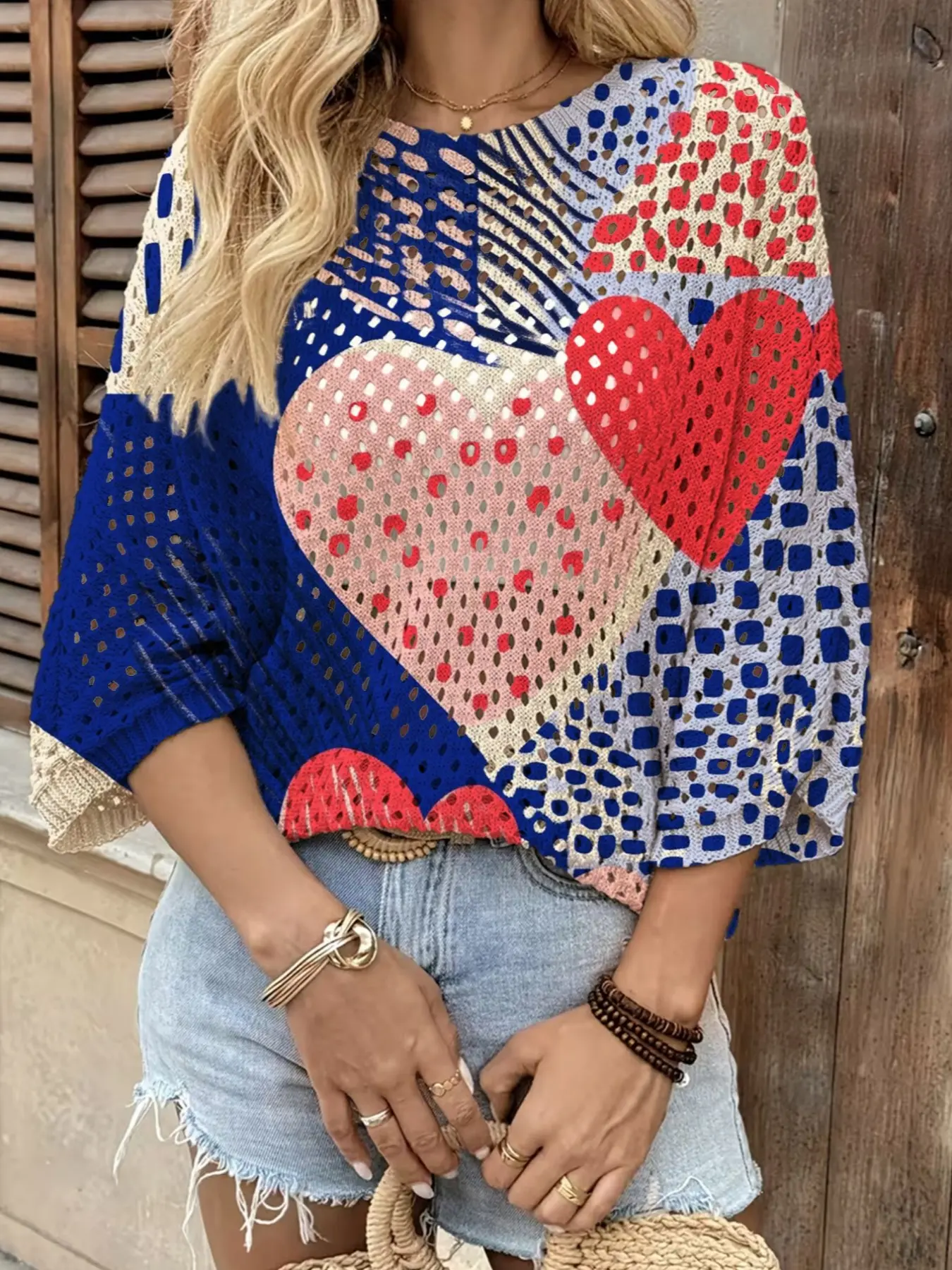Spring & summer Bohemian knitwear top, round neck, hollow-out batwing sleeves, loose fit. Contrast heart patchwork print, lightweight. Great for daily, commute, vacation, beach bikini cover-up & Valentine's Day.