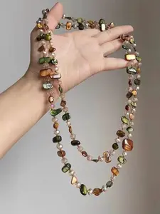 Boho Multi-layer Shell & Crystal Bead Necklace for Women | Vintage Earth Tone Long Strand Jewelry | Handmade Forest Green Elegant Accessories