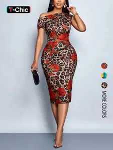 Women's Summer Casual Boho Bohemian One-Shoulder Leopard Print Slim-Fit Dress, Stylish Chic Elegant Comfortable Dress, Suitable for Everyday Wear, Elegance Womenswear