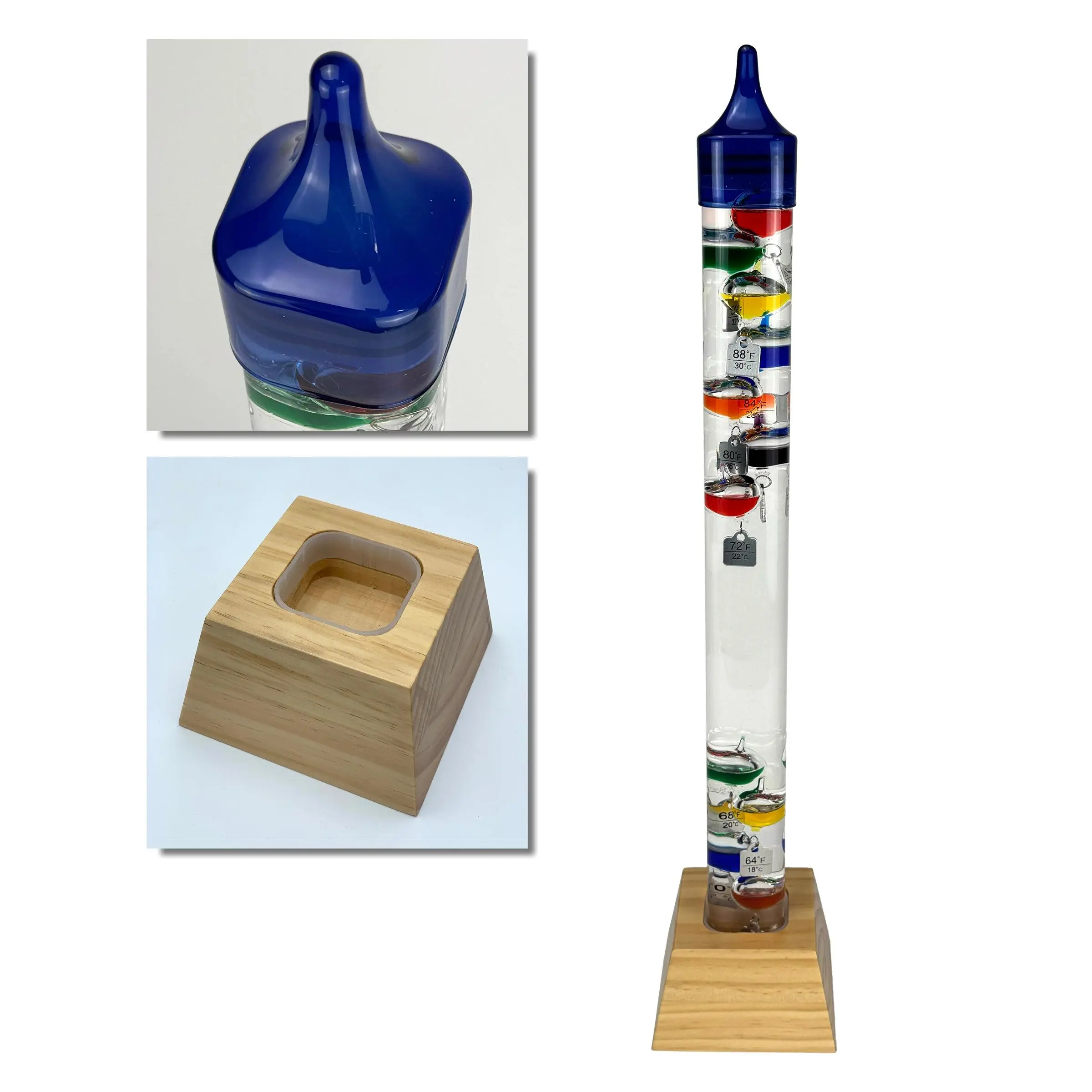 25" Tall Square Tube Galileo Thermometer With Wooden Base - 2025 UPDATE