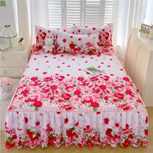 3-Pieces Lace Solid Color All-Season Use Anti-Slip Bedsheet Set, Floral Pattern Bedding for Bedroom Home Textile Decoration
