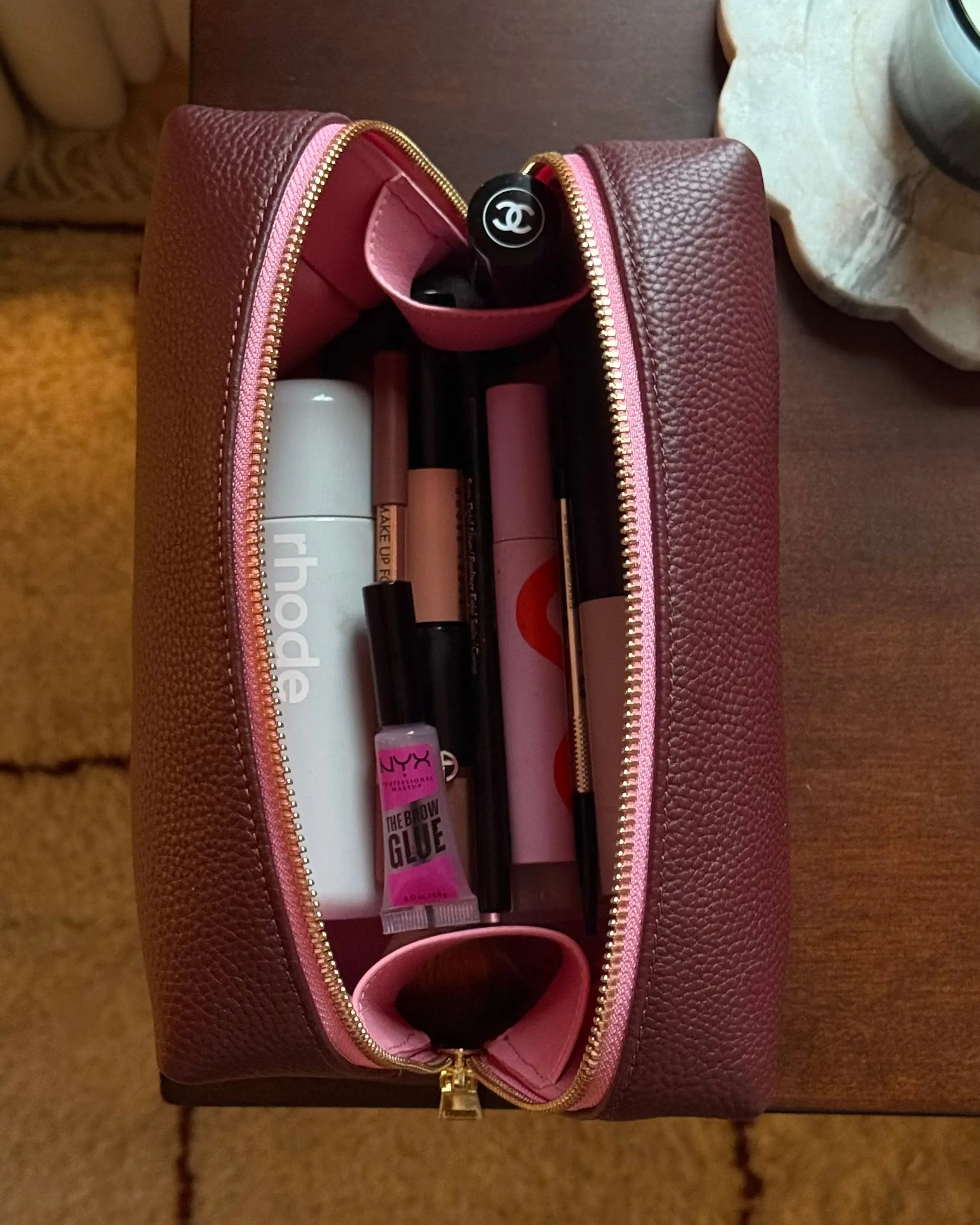 BURGUNDY AND BLUSH LEATHER COSMETIC CASE