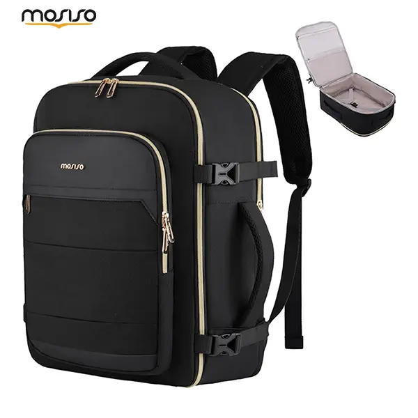 MOSISO Travel Backpack for Women Men, 15.6 Inch Laptop Carry On Backpack, Flight Approved Personal Item Bag with Luggage Strap & Side Handle for College Work Business Travel, Black